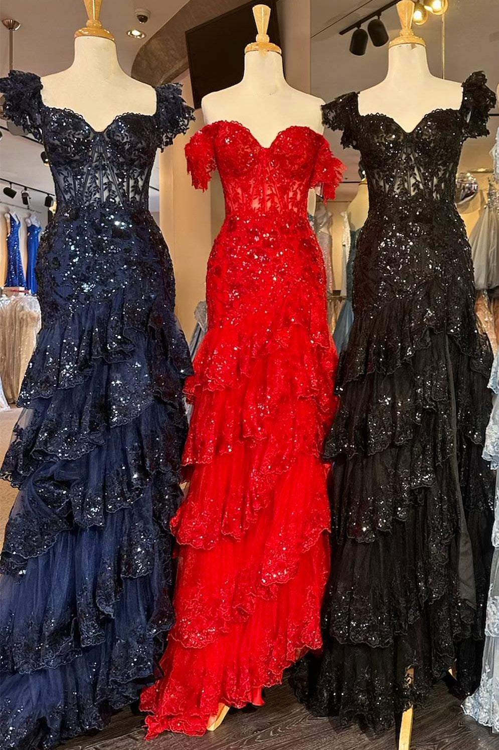 Red Sequin-Embroidery Off-the-Shoulder Tiered Long Prom Dress with Slit