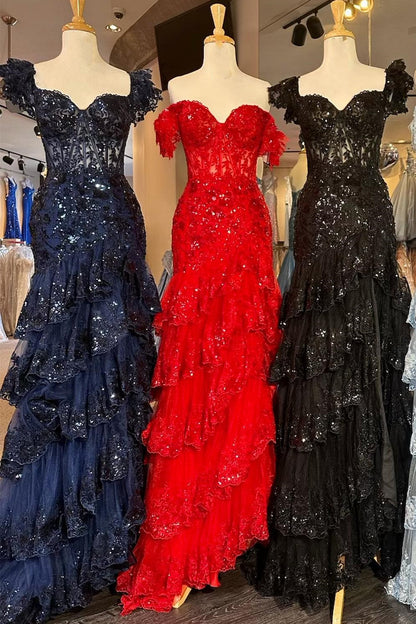 Red Sequin-Embroidery Off-the-Shoulder Tiered Long Prom Dress with Slit