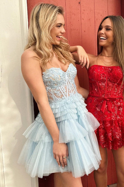 Strapless Tulle Sweetheart Tiered A-Line Short Homecoming Dress with Ruffles
