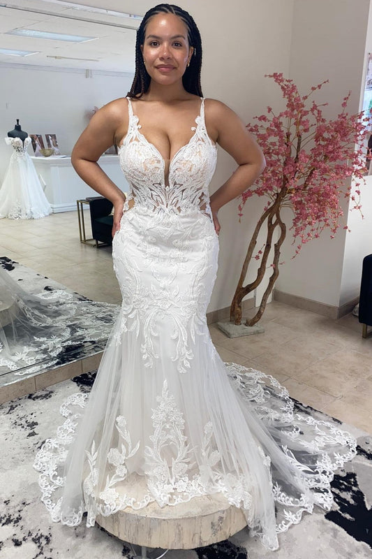 White Tulle Plunge V Trumpet Long Wedding Dress