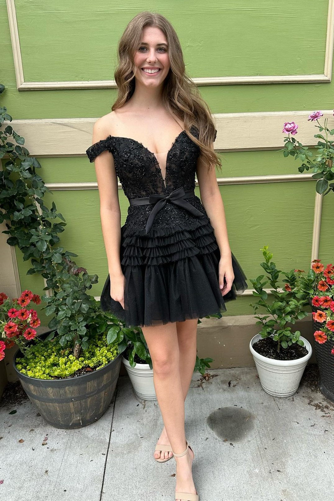 Pink Off-the-Shoulder Bow Tiered Short Homecoming Dress with Ruffles