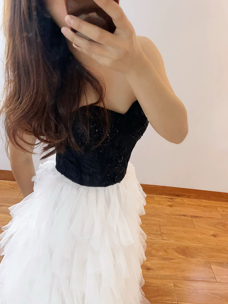 A-Line Sweetheart Neck Tulle White/Black Long Prom Dress, White/Black Long Fromal Dress