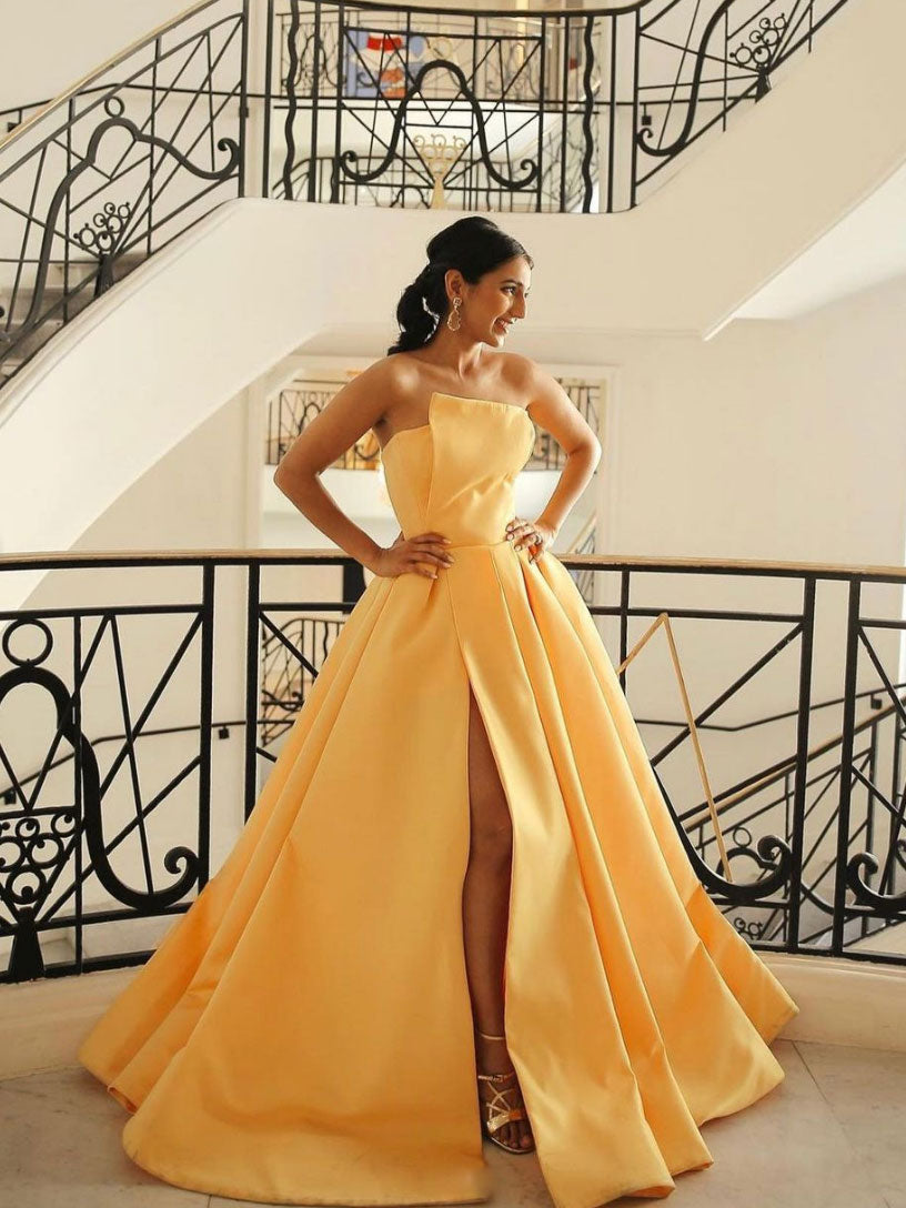 Yellow satin long prom dress, simple yellow evening dress