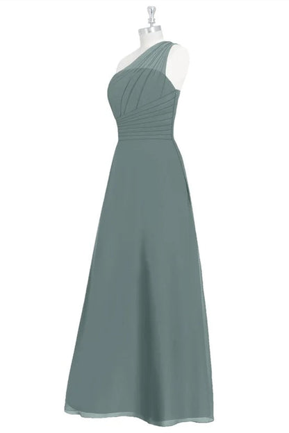 Dark Sage Green One-Shoulder A-line Long Bridesmaid Dress