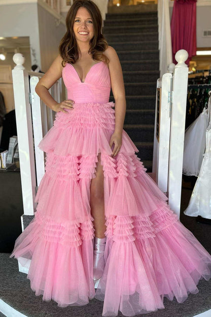 Red Tulle V-Neck Multi-Tiered A-Line Prom Dress