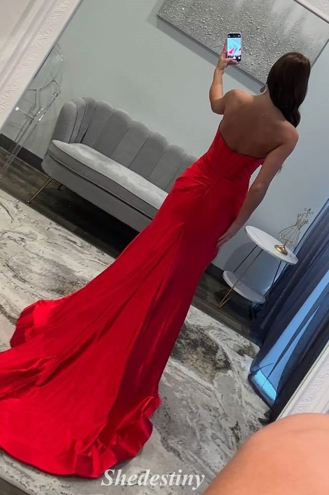 Keyhole Red Bow Strapless Mermaid Prom Dress with Slit