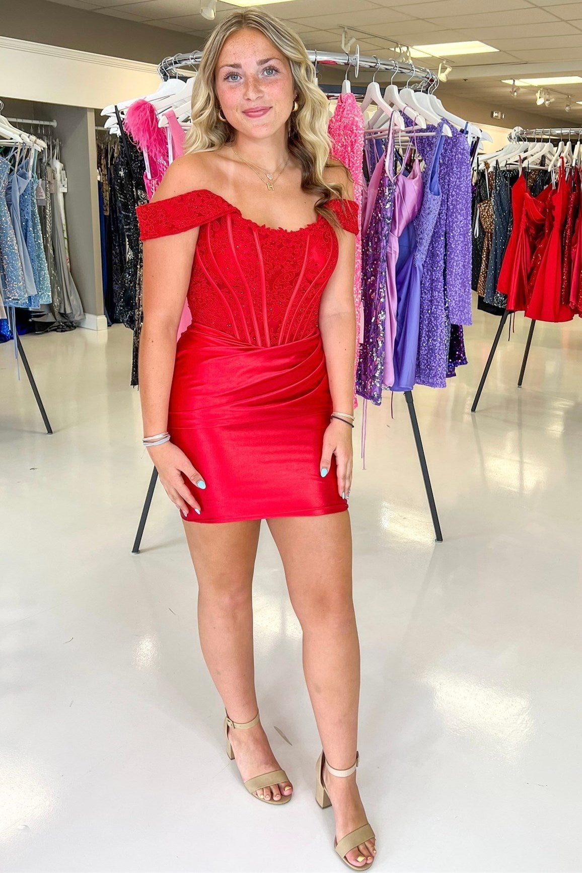 Magenta Lace Off-the-Shoulder Short Homecoming Dress