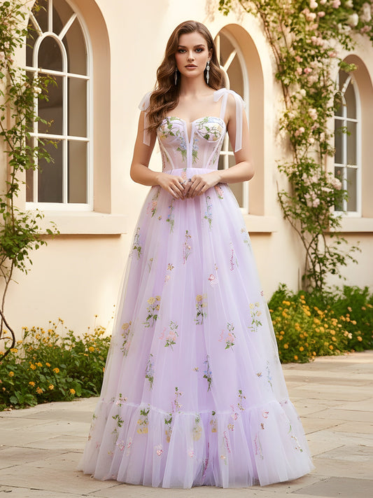 A-Line Sweetheart Neck Applique Sweep Train Gown Lilac