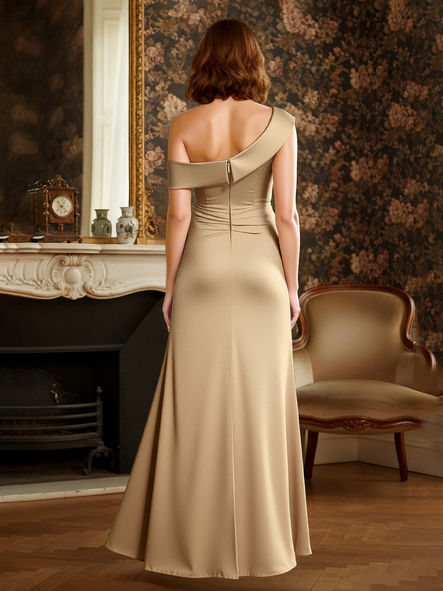 Off-the-Shoulder Sheath Ruffles Floor-Length Dress Champagne