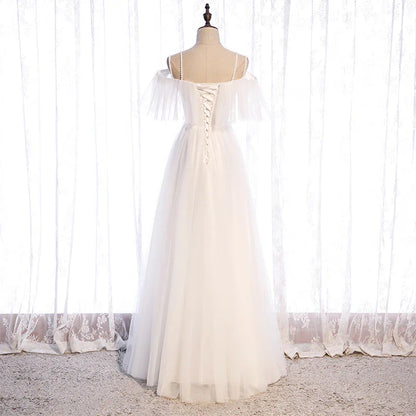 White Tulle Long Prom Dress A Line Simple Wedding Dress