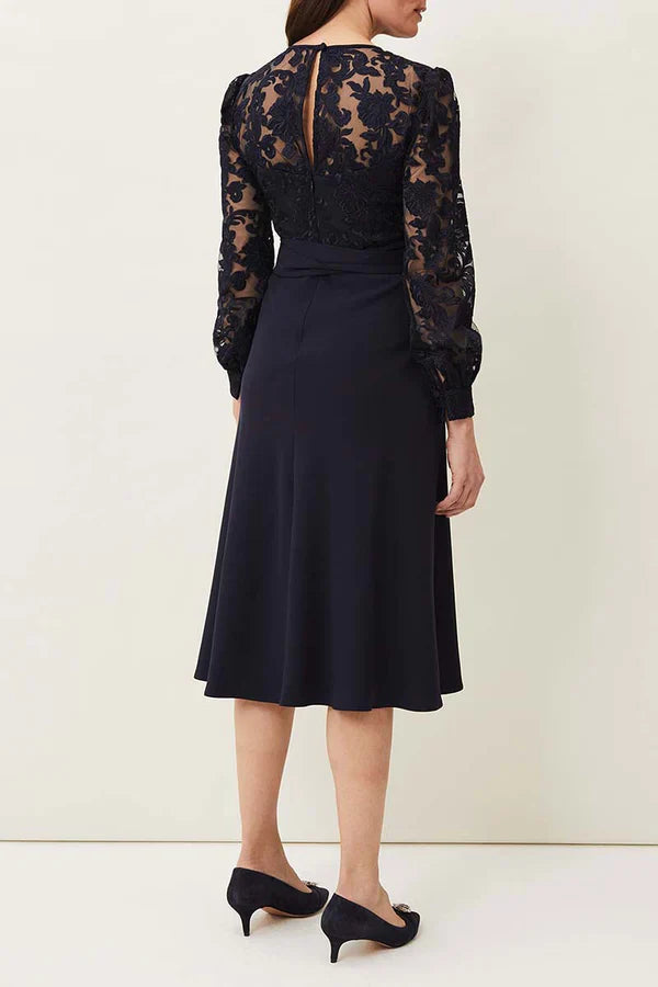 Round neck lace long sleeved set tea length mother of the bride dress