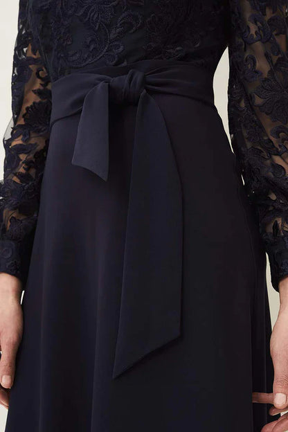 Round neck lace long sleeved set tea length mother of the bride dress