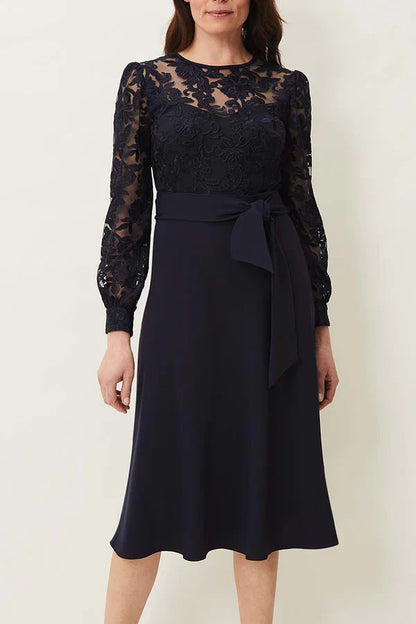 Round neck lace long sleeved set tea length mother of the bride dress