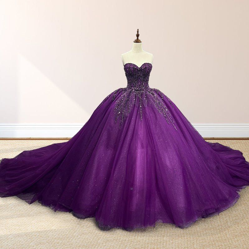 girlhomeshops-Purple shimmering, delicately beaded long tulle ball gown/wedding dress gh6186
