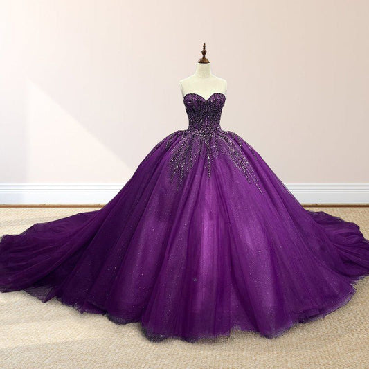 girlhomeshops-Purple shimmering, delicately beaded long tulle ball gown/wedding dress gh6186