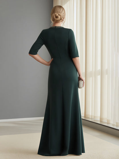 V-Neck Beaded Trim Formal Gown with Elbow Sleeves Dark Green