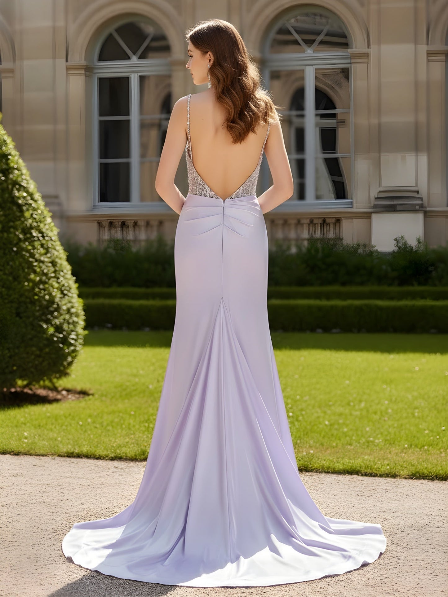 Sweetheart Beaded Corset Sheath Gown With Slit Lilac
