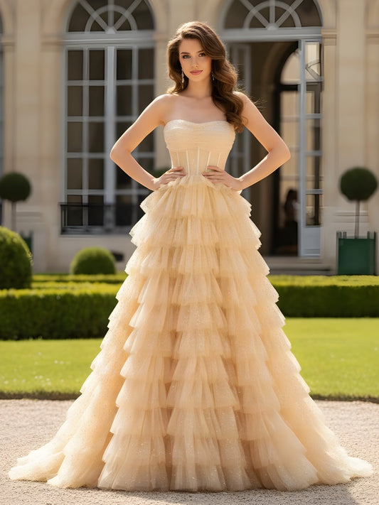 Sweetheart Neck Sequins Ball Gown Tiered Tulle Dress Champagne