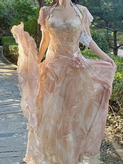Pretty Pink Floral Print A-line Chiffon Long Prom Dress Evening Dress cc5353