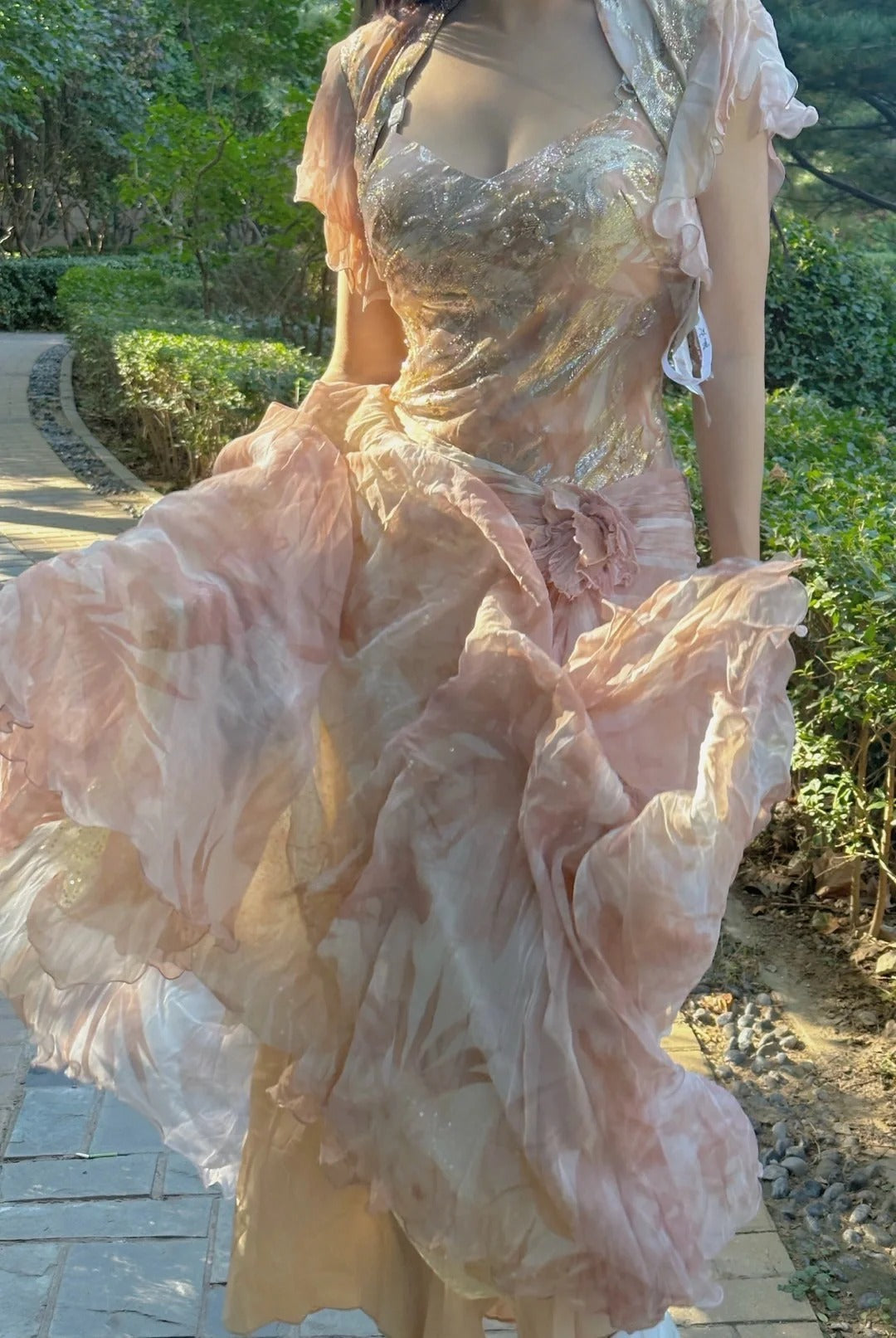 Pretty Pink Floral Print A-line Chiffon Long Prom Dress Evening Dress cc5353