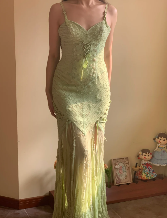 Beautiful Green Mermaid Beaded Embroidered Strappy Slit Chiffon Long Prom Dress Evening Dress cc5354