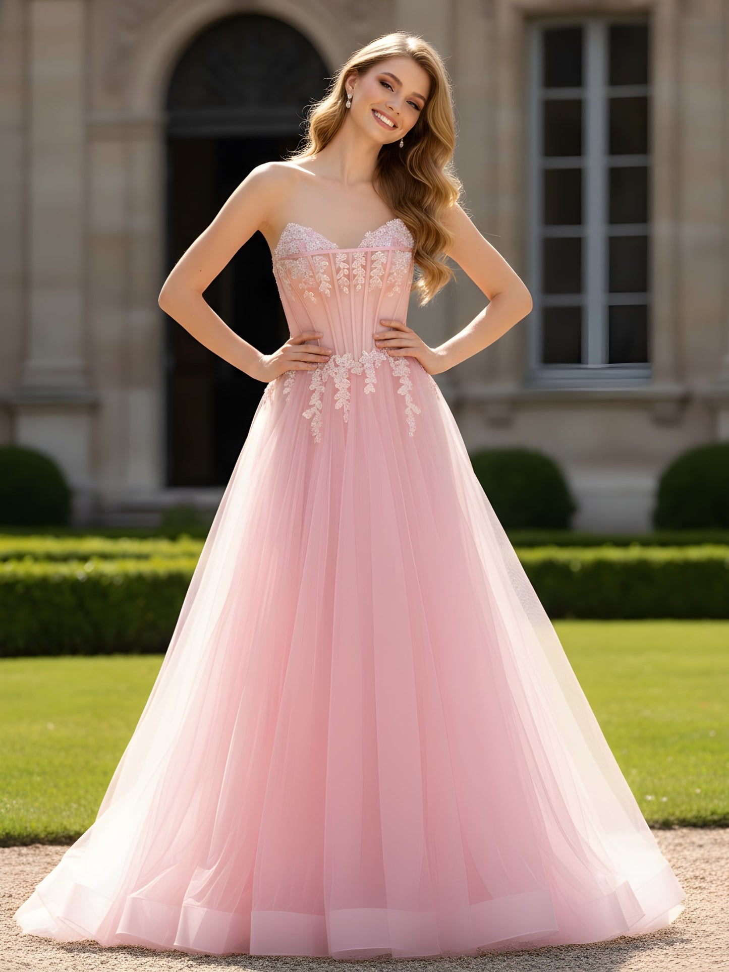 Sweetheart Neck Applqiue A-Line Tulle Dress Blushing Pink