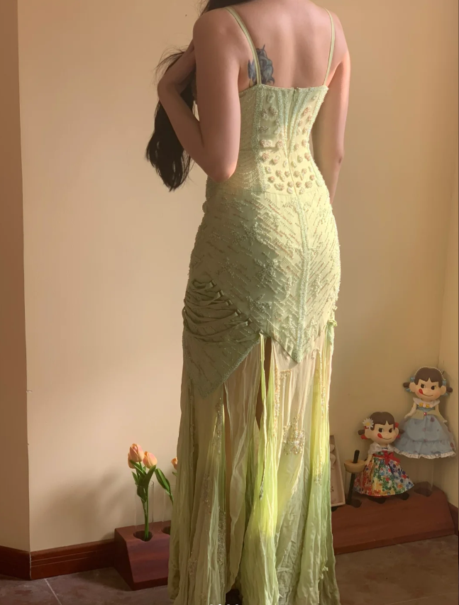 Beautiful Green Mermaid Beaded Embroidered Strappy Slit Chiffon Long Prom Dress Evening Dress cc5354
