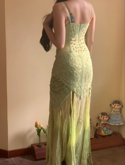 Beautiful Green Mermaid Beaded Embroidered Strappy Slit Chiffon Long Prom Dress Evening Dress cc5354