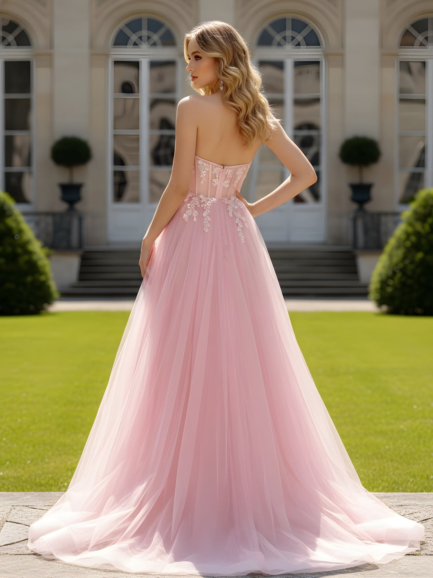 Sweetheart Neck Applqiue A-Line Tulle Dress Blushing Pink
