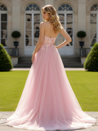 Sweetheart Neck Applqiue A-Line Tulle Dress Blushing Pink