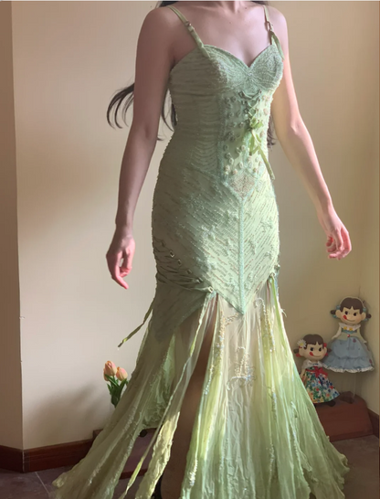 Beautiful Green Mermaid Beaded Embroidered Strappy Slit Chiffon Long Prom Dress Evening Dress cc5354