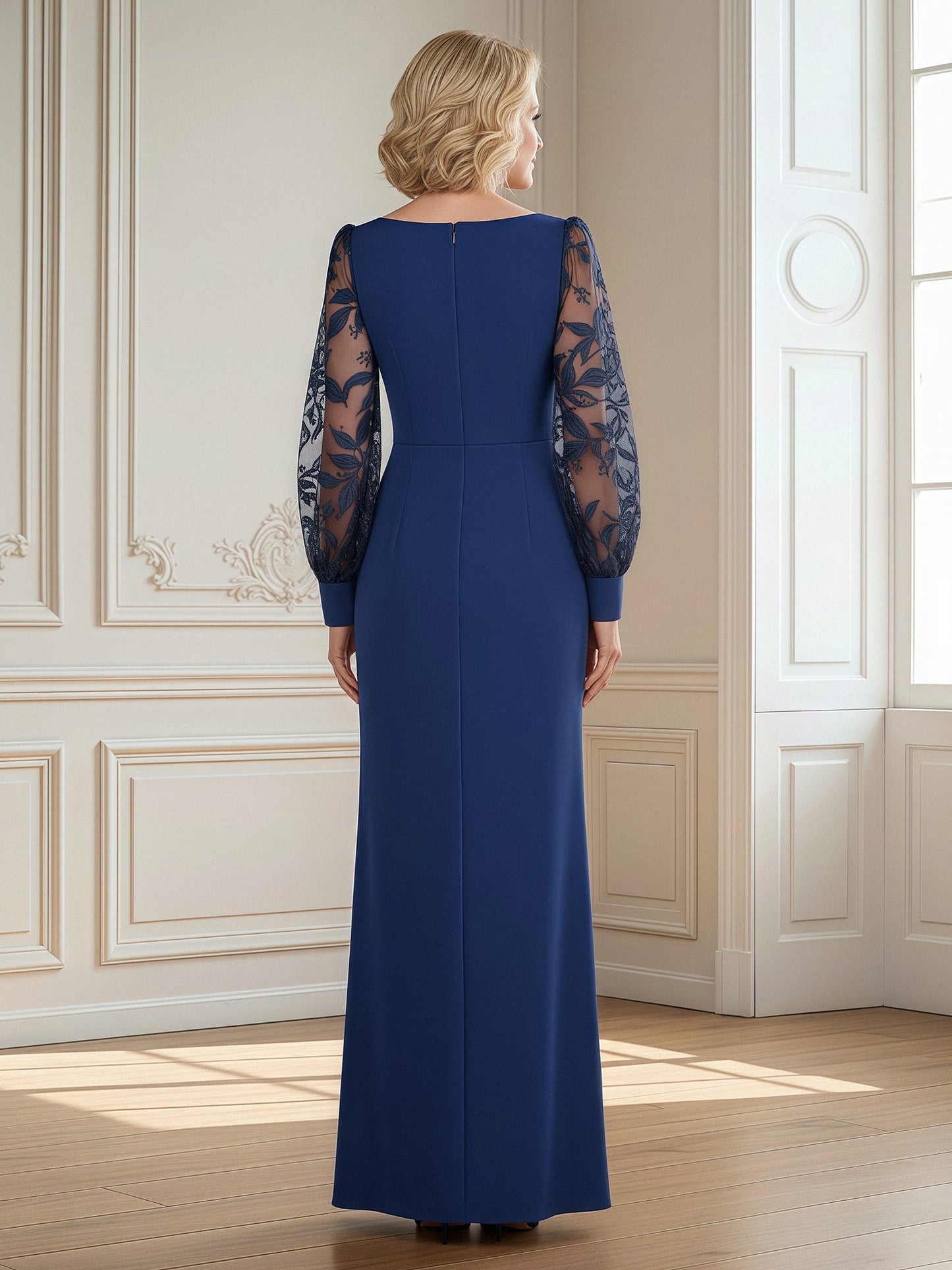 Boat Neck Formal Dress with Embroidered Sleeves Royal Blue