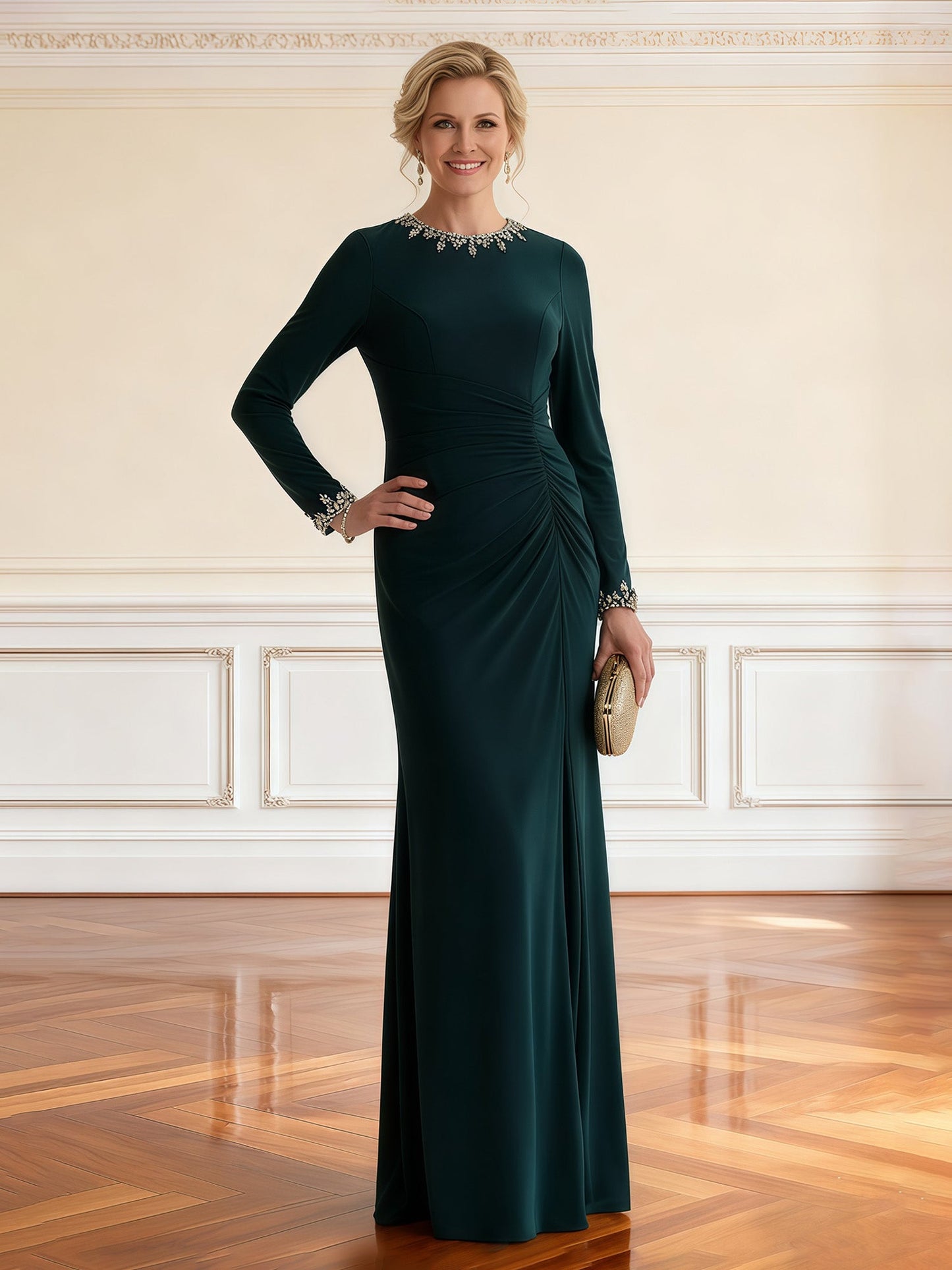 Long Sleeve Fitted Evening Gown with Beaded Cuffs Dark Green