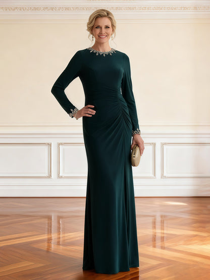 Long Sleeve Fitted Evening Gown with Beaded Cuffs Dark Green