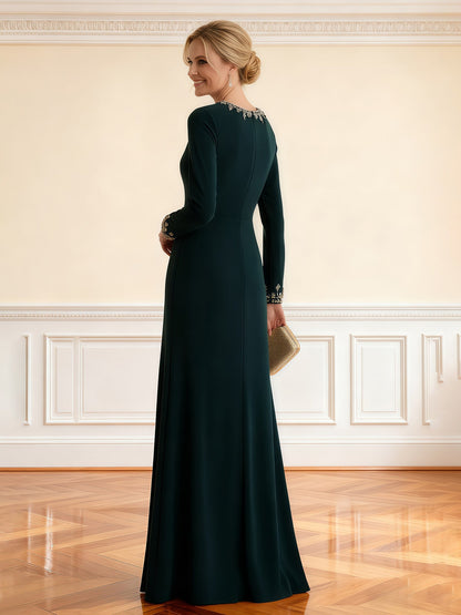 Long Sleeve Fitted Evening Gown with Beaded Cuffs Dark Green