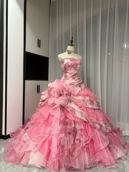 Pink Floral Beaded Long Tulle Ball Gown 16th Birthday Dress Quinceanera Dress gh4736