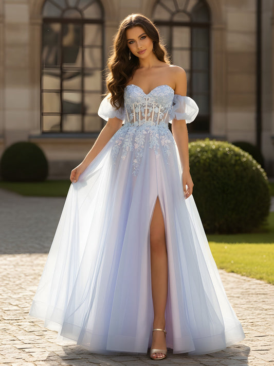 Sweetheart Neck Applique Corset A-Line Dress With Slit Lavender