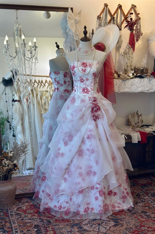 Red & White Floral Bandeau Ball Gown: 3D Flower Decoration, Layered Skirt, Retro Tea Party Gown gh6575