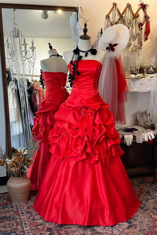 Retro Red Dress: Satin Waist, Flared Skirt Design, High-end Party Dress gh6577