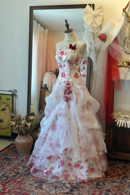 Red & White Floral Bandeau Ball Gown: 3D Flower Decoration, Layered Skirt, Retro Tea Party Gown gh6575