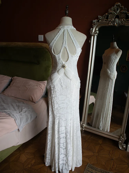 Vintage White V-Neck Backless Lace Mermaid Evening Dress Elegant Prom Party Dress cc1764