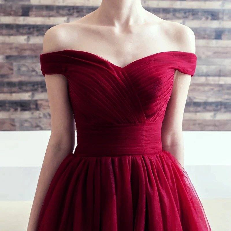 Burgundy Tulle V-neck Off The Shoulder Bridesmaid Dresses Knee Length - RongMoon
