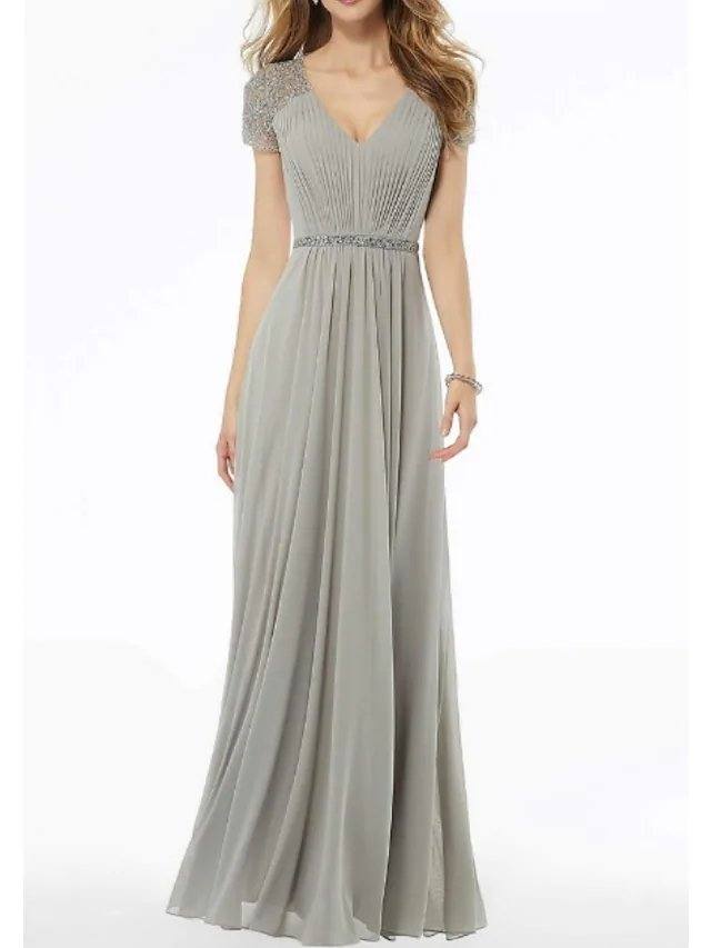 A-Line Mother of the Bride Dress Elegant V Neck Floor Length Chiffon Lace Short Sleeve with Lace Beading - RongMoon