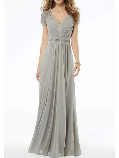 A-Line Mother of the Bride Dress Elegant V Neck Floor Length Chiffon Lace Short Sleeve with Lace Beading - RongMoon