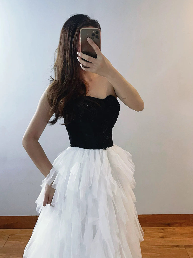 A-Line Sweetheart Neck Tulle White/Black Long Prom Dress, White/Black Long Fromal Dress