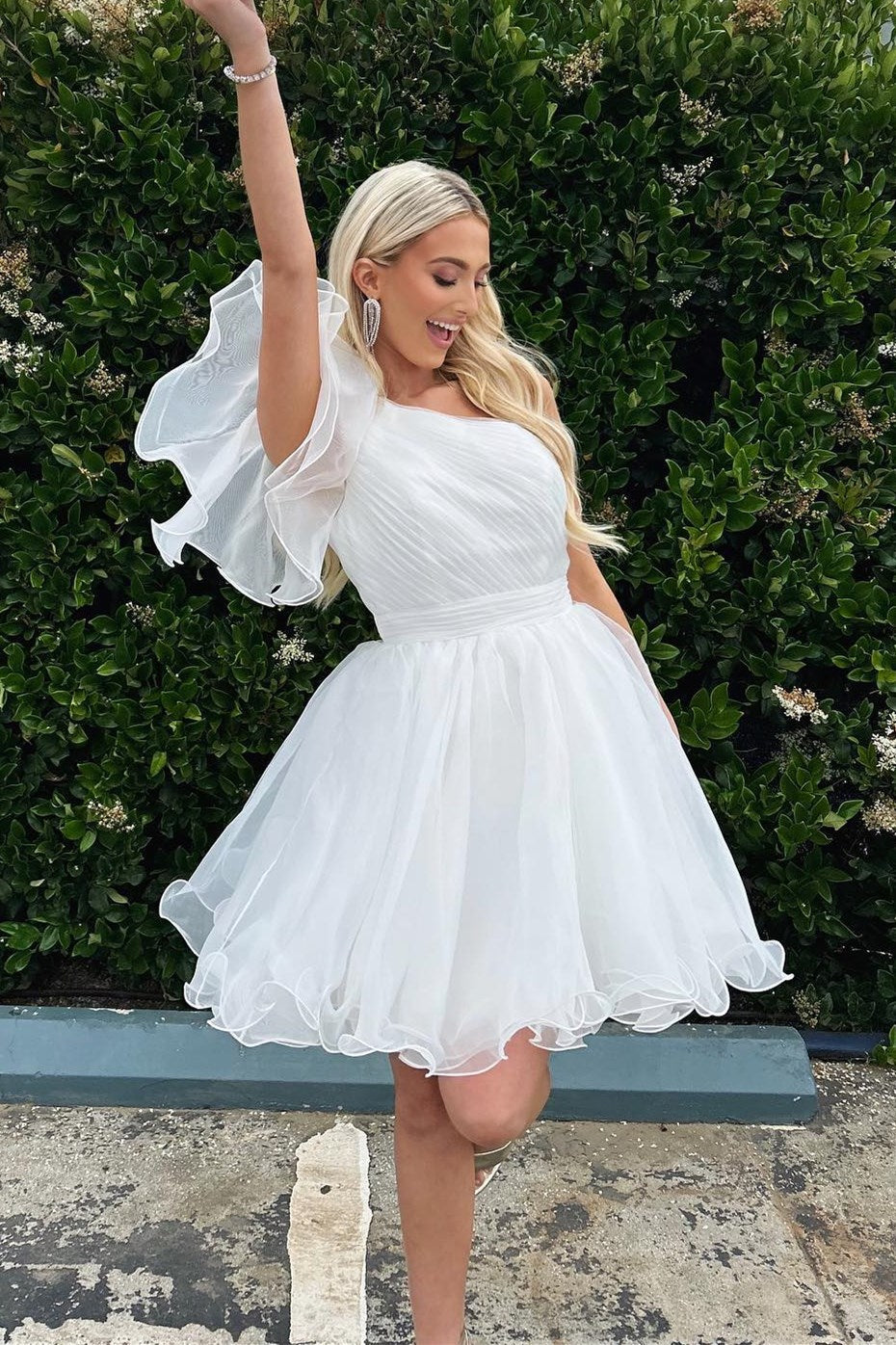 One-Shoulder White Organza Ruffles A-Line Short Gown