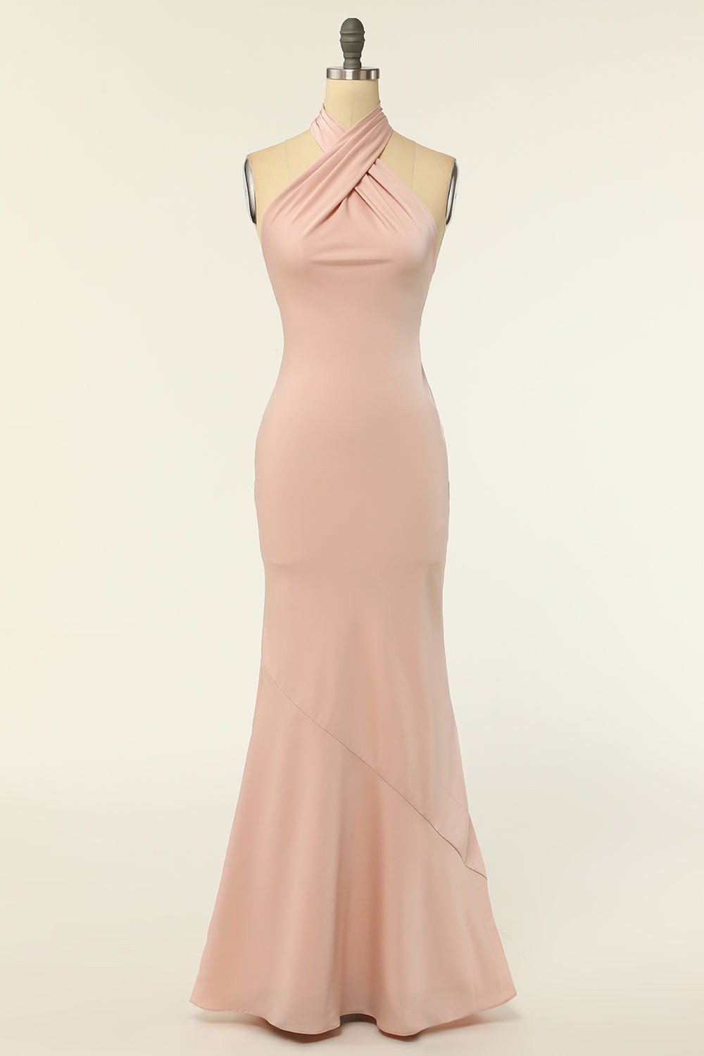 Blush Chiffon Cross-Front Backless Long Bridesmaid Dress