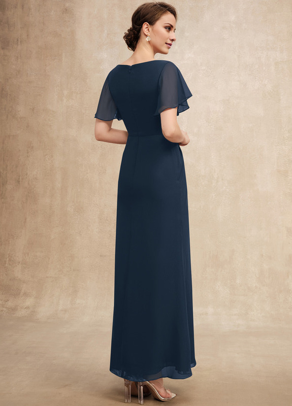 Beaded pleated A-line plunging ankle-length chiffon mother of the bride dress