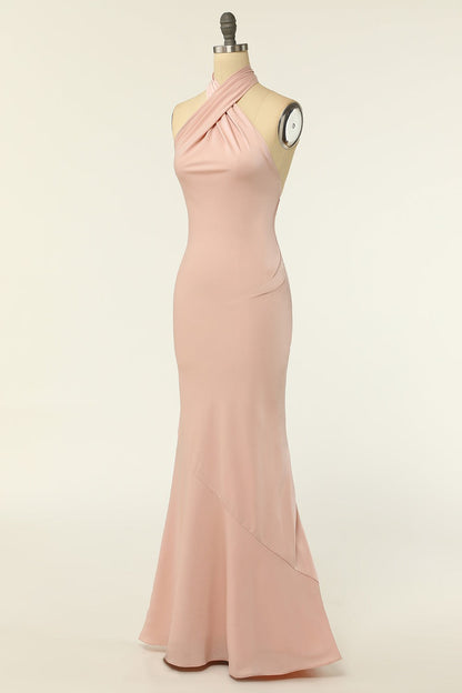Blush Chiffon Cross-Front Backless Long Bridesmaid Dress
