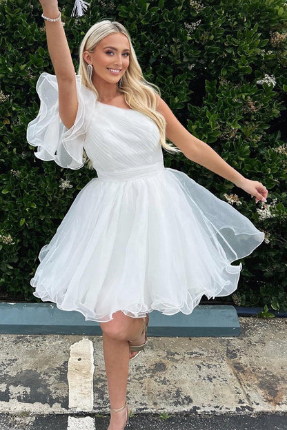 One-Shoulder White Organza Ruffles A-Line Short Gown